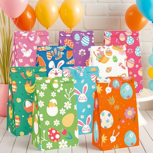 JOHOUSE 27 Pack Easter Treat Bags, 4.7' x 3.1' x 8.7' Paper Bags with Stickers for Kids Easter Party Favors Cookies Lunch Goodie