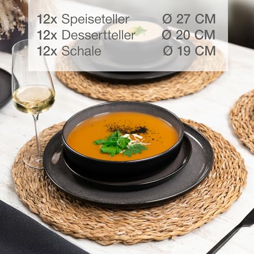 Moritz & Moritz VIDA Geschirrset 12 Personen Anthrazit 36-tlg. - Modernes Porzellan Geschirr Set - Kratz-, Mikrowellen- & Spülmaschinenfest, Essgeschirr, Tafelservice, Kombiservice 12 Personen