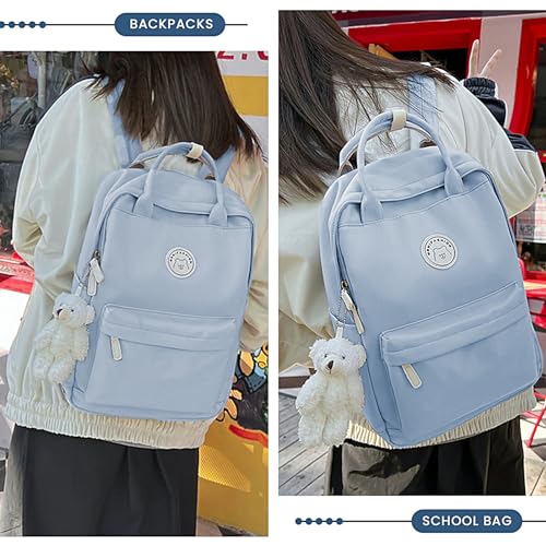 TIAASTAP Aesthetic Backpack School Bags for Girls Kawaii School Backpack with Cute Pendant Preppy School Bag for Kids Boys Teenage Primary Secondary Middle School (Blue) - Image 5