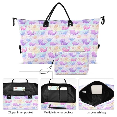 Cute Dolphin Seashell Bubble Large Travel Duffle Bag Weekender Overnight Bags Gym Yoga Bag for Women Men with Toiletry Bag2