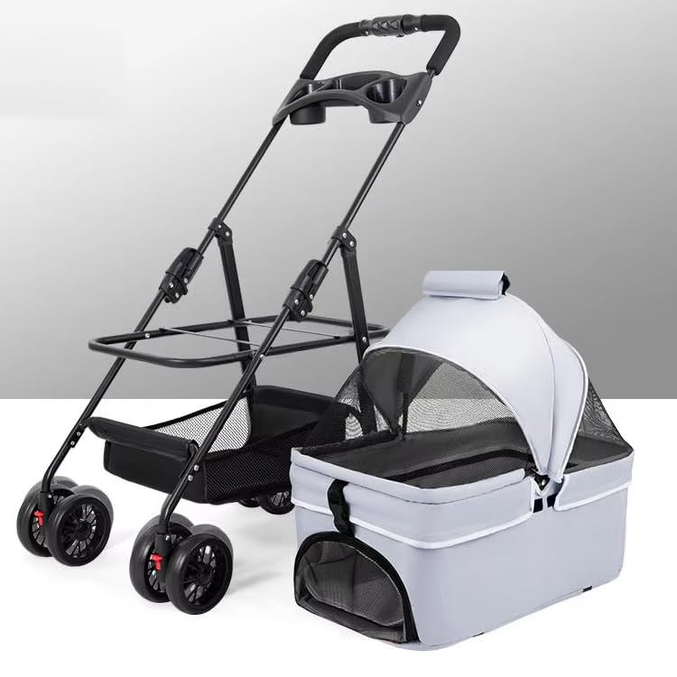 Pet Stroller for Small Dogs, Foldable Design, Breathable Mesh Windows, Spacious Undercarriage, Grey or Blue (Grey)