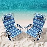 PASAMIC Backpack Beach Chairs for Adults 2 Pack Portable, Lay Flat Reclining Beach Chairs with 5 Positions, Tall Heavy Duty Folding Chair with Cup Holder, Cooler Pouch, Towel Bar, Blue Stripe