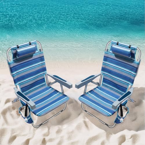 PASAMIC Backpack Beach Chairs for Adults 2 Pack Portable, Lay Flat Reclining Beach Chairs with 5 Positions, Tall Heavy Duty Folding Chair with Cup Holder, Cooler Pouch, Towel Bar, Blue Stripe