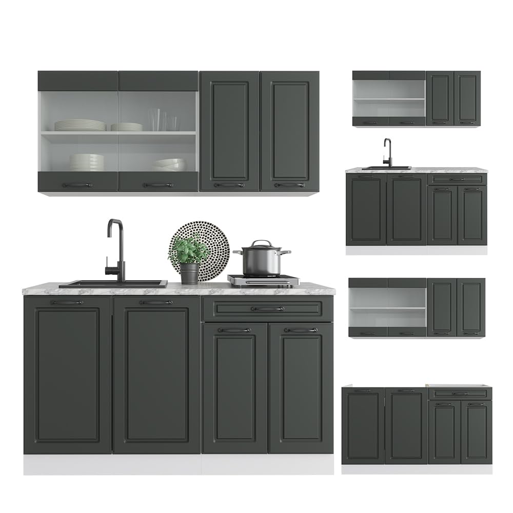 Vicco Singleküche R-Line, Anthrazit Landhaus, 140 cm ohne Arbeitsplatte, geeignet für kleine Räume, modular erweiterbar