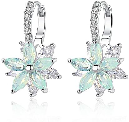 Jösva Green Hoops Earrings for Women Girls, Hypoallergenic 18ct White Gold Plated Piercing Earrings, Tiny Small Flower Cartilage Hoop Earring with White Cubic Zirconia, Size: 13mm * 22mm