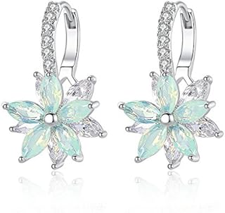 Jösva Green Hoops Earrings for Women Girls, Hypoallergenic 18ct White Gold Plated Piercing Earrings, Tiny Small Flower Cartilage Hoop Earring with White Cubic Zirconia, Size: 13mm * 22mm