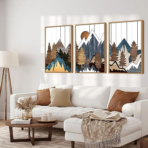 CHDITB Mountain Wall Art Set, Country Woodcut Wall Decor, Rustic Geometric Forest Pictures Artwork, Nature Landscape Wall Decor, National Park Framed Canvas Paintings For Living Room Bedroom 16"x24"X3 - 1