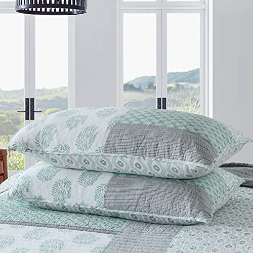 Pangushan Quilt Set King Size, 100% Cotton Bedspread Quilt Bedding Set, Patchwork Reversible Floral Quilt For King Bed, Green/Grey/White Bed Spread, Lightweight Comforter For All Season, 3 Pieces #TOP3