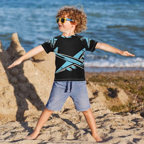 Boys Swing Shirts Aircraft Airplane Black Cartoon Rashguard Short Sleeve Kids T-Shirts Sun UPF 50+4