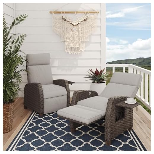 Grand patio Indoor & Outdoor Set of 2 Recliner Chair, PE Wicker Patio Recliner with Flip Table Reclining Lounge Chair, Mist Grey
