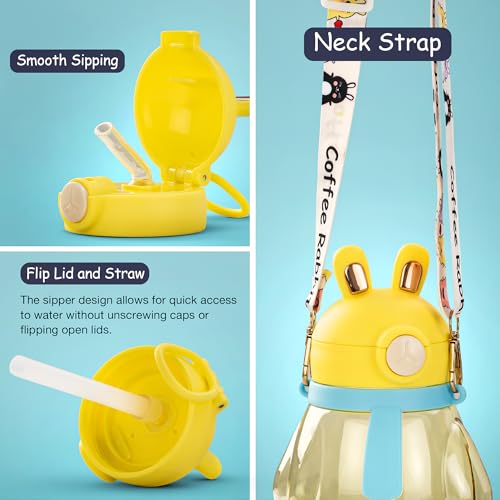 Image of BAYBEE Lovely Bunnies Kids Water Bottle 600ml | BPA Free & Leakproof Safe Sipper Bottle with Straw | Cute Rabbit Design Smooth Sipping with Handle & Strap, Flip Lid for School Kids & Babys (Yellow)