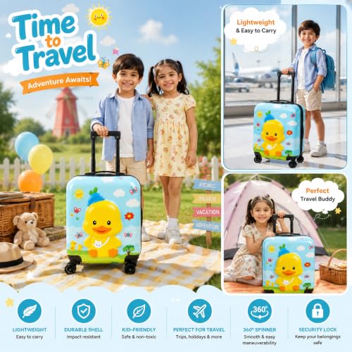 Image of Storite 18In Kids Luggage Trolley Hard Shell Cabin Suitcase | Cute Cartoon Duck Design Suitcase Ideal For School Trips Vacations Holidays And Weekend Travel (Blue - 35 x 23 x 38 Cm)