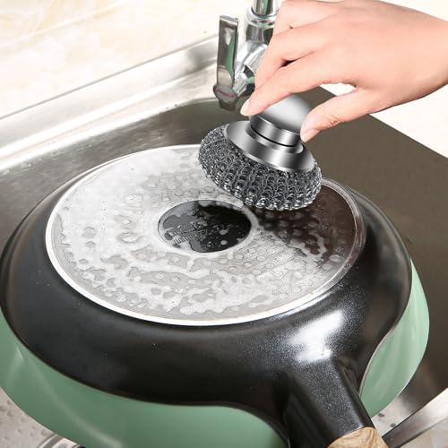 Image of 4Pcs Steel Wool Scrubber with Replacement Wire Pads Set, Stainless Steel Pot Scrubber with Handle for Cleaning Dishes,Cast Iron, Pots,Pans,Griddles,Grills, Stoves, Sink (2 Scrubber+2 Pads)