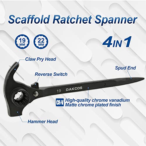 Dakcos 4-In-1 Scaffold Ratchet 19Mm X 22Mm Or 3/4"×7/8" Multifunctional Spud Ratchet Podger Wrench With Claw Nail Puller And Hammer Functions,Black #TOP1