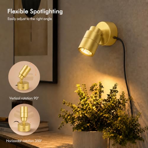 Image of 2 Pack LED Spot Lights Indoor, 3W Uplighting Indoor with Remote Control Dimmable and Timer, 3 Lighting Modes Spotlights, Accent Uplights Indoor Solid Wall Light for Plants Picture Artwork, Gold