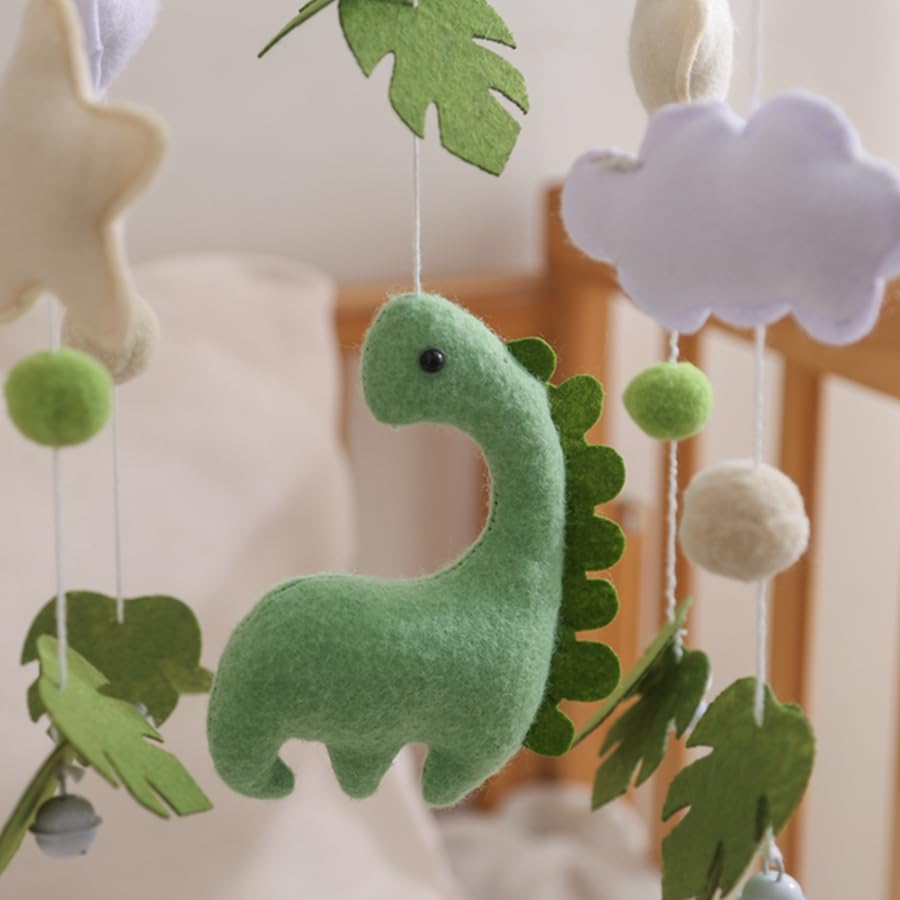 Baby Crib Mobile with Felt Dinosaur, Clouds and Leaves, Wooden Nursery Mobile for Baby Boys, Soothing Hanging Toy for Infant Crib, Perfect for Nursery and Bedroom Decor