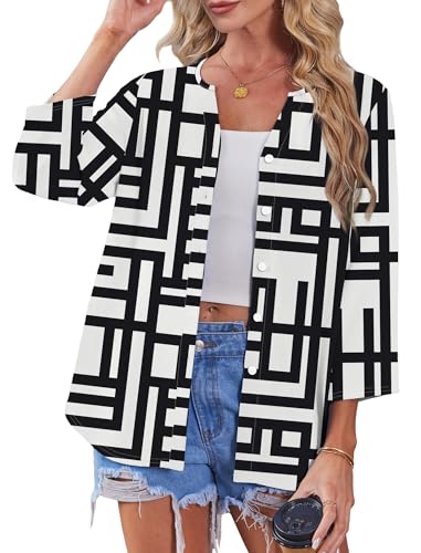 Image of OFEEFAN Button Down Shirts for Women 3 /4 Length Sleeve Tops V Neck Blouses Business Casual Outfits Loose Fit