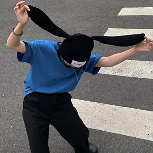 Knit Beanie Hats Cute Bunny Long Ears Funny Hat Fluffy Winter Cap Warm Knit Rabbit Crochet Skull Cap Outdoor Slouchy Hat White #TOP3