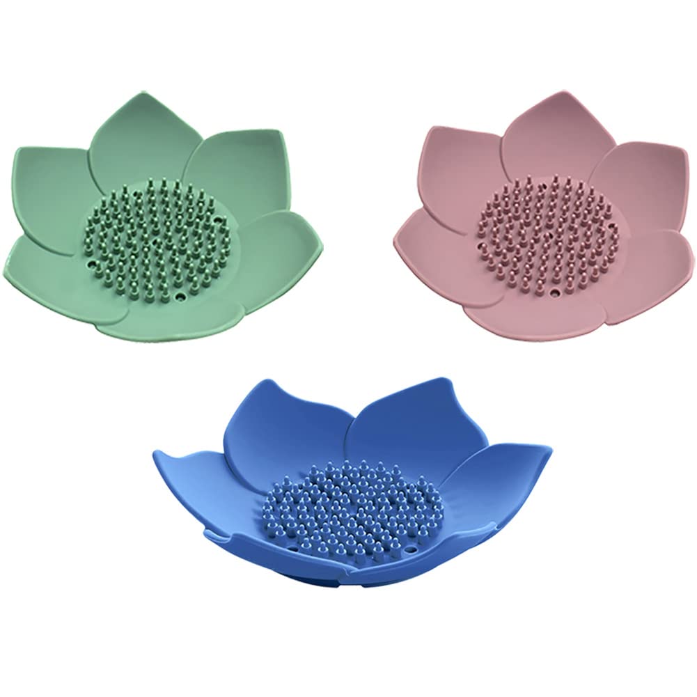 3 pcs Soap Dishes with Draining, Lotus Flowers Soap Dish, Non-Slip Flexible Soap Tray for Bathroom Shower, Soap Dish Home Shower