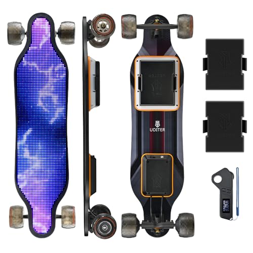 UDITER Led Screen Electric Skateboard with Full Screen Deck,LED Screen Deck,GIF,Image,Text DIY App Uploading with Removable Battery Design 2 Bateries Included