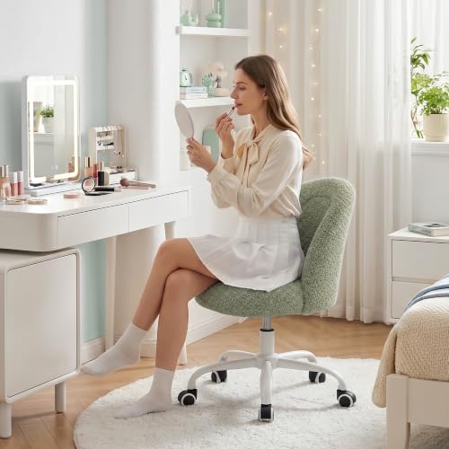 Image of DurayLoly Armless Vanity Chair with Wheels, Ultra-Soft Teddy Fleece, Adjustable Height & 360Swivel, Rolling Desk Chair for Bedroom, Dorm & Vanity Table, Ideal for Teens & Adults, Sage Green