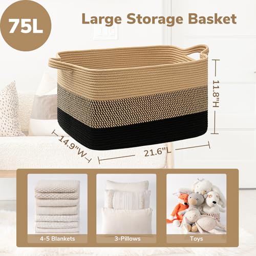 Goodpick Woven Blanket Basket, 21.6" x 14.9" x 11.8" Wicker Laundry Basket for Clothes, Storage Baskets for Organizing, Rectangle Rope Large Baskets for Storage, Black Jute