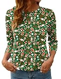 LOMON Christmas Tops for Women 2026 Long Sleeve Shirts for Women 3/4 Sleeve Ladies Tops and Blouses Fall Fashion Green Christmas L