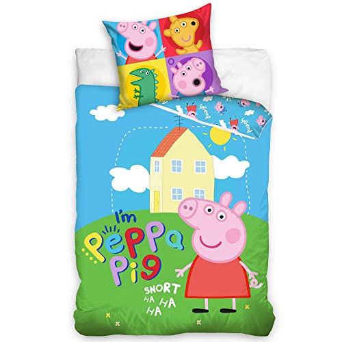 Parure de lit Peppa Pig - Housse de Couette et taie d'oreiller 100% Coton Snort 140x200 cm + taie d’Oreiller 65x65 cm Cover