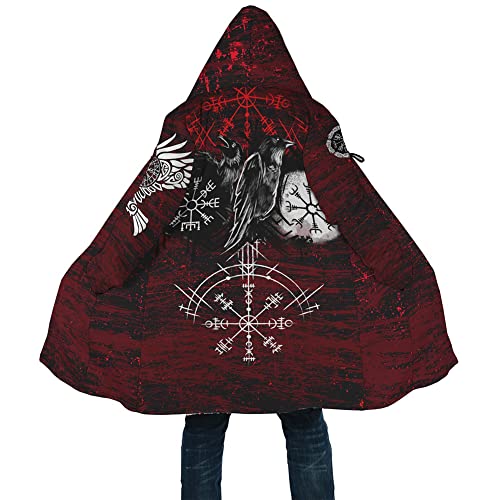 Winter Thick Warm Cloak Mens Viking Odin Raven Tattoo 3D Print Fleece Hooded Casual Cloak Coat(US Size)4
