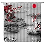 Japanese Asian Shower Curtain Cherry Blossom Red Sun Grey Misty Mountains Chinese Oriental Traditional Ink Painting Plum Blossom Bathroom Decor Curtains Polyester Fabric with Hooks 35 X 70 Inch