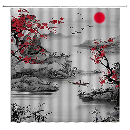FILMILIL Asian Decor Shower Curtain Red Plum Blossom Branch Japanese