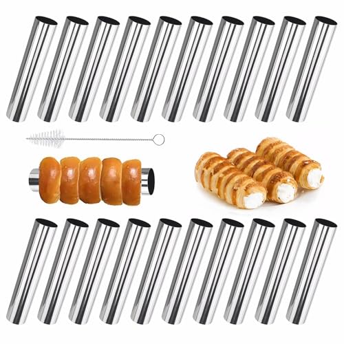 YTSMFL 20 Stück Schaumrollenformen Cannoli Backform mit Reinigungsbürst Schillerlockenform Edelstahl Cannoli Röhrchen Backform Hörnchen Croissant-Form für Croissant Hörnchen