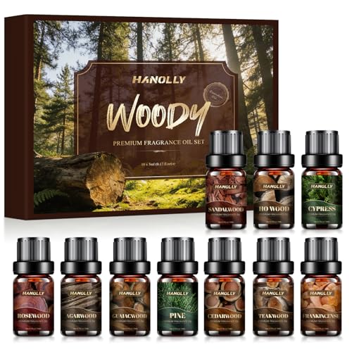 HANOLLY Juego de Aceites Esenciales Hombres 10x5ML, Aceite Esencial Naturales para Humidificador Difusor Velas -Sándalo, Cedro & Cuero, Tabaco & Vainilla, Limón & Cedro, Cardamomo & Lavanda y Otros.