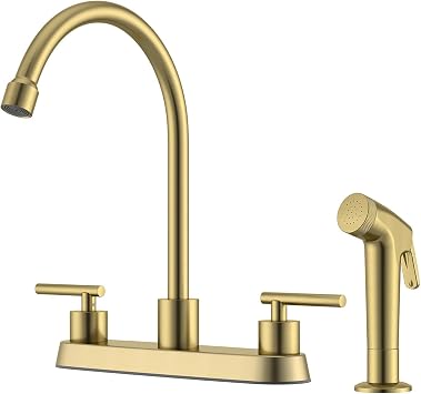 APPASO Gold Kitchen Faucet with Side Sprayer, 2-Handle High Arch SUS304 Stainless Steel Kitchen Faucet with Pull-Out Side Spray for RV Laundry Utility Bar, 8-in 4-Hole Installation