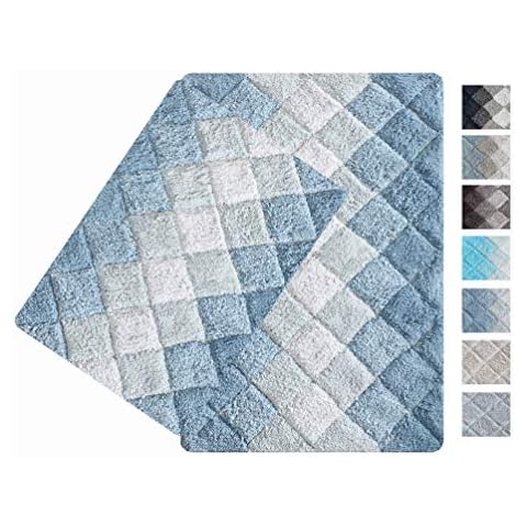 Ramanta Home 100% Cotton Bath Rug Set of 2 - Blue, Anti Skid Super Soft Absorbent Bath Rug for Bathroom, Shower, Bathtub, Kitchen, Entryway, Machine Washable Floor Mats - 21x32 & 17x24 Inch Cover
