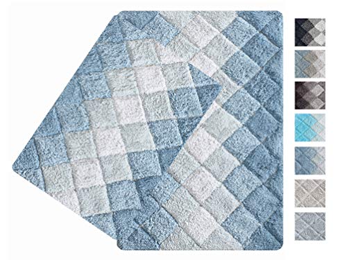 Ramanta Home 100% Cotton Bath Rug 2-Piece Set - 21X32/17X24 Cotton Albany Inspired Multi Tonal Anti Skid Bath Mat Rug - Blue #TOP14