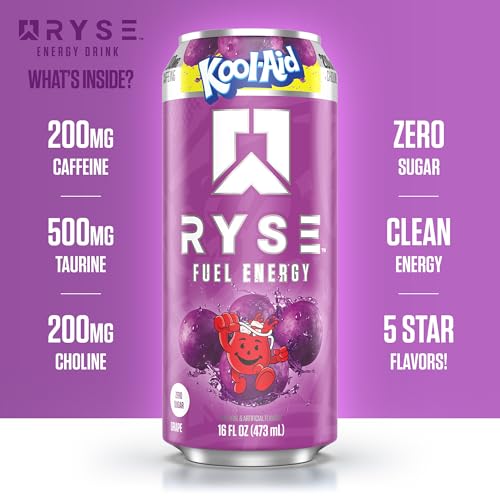 Image of RYSE Fuel Energy Drink - Kool-Aid Grape - Sugar Free, Gluten Free & Vegan - 200mg Natural Caffeine, Taurine & Choline for Focus & Energy - No Artificial Colors - 16 fl oz Cans (12-Pack)