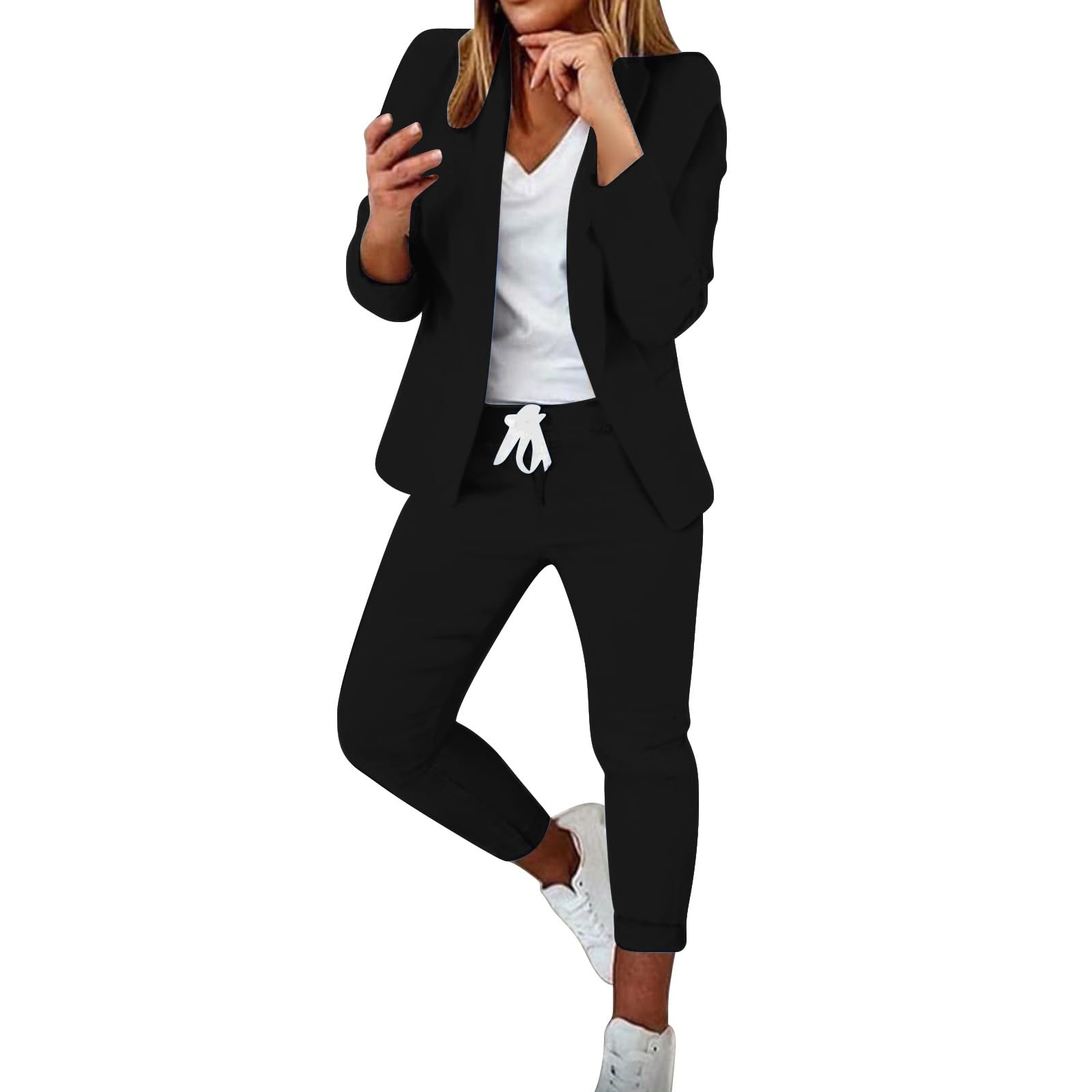 Generisch Hosenanzug Damen Elegant 2 Teilig Hosenanzug Langarm Business Anzug Set Zweiteiler Einfarbig Blazer Hose Festlich Lange Hosenanzüge Slimfit Streetwear Frauen Baumwolle Freizeitanzug