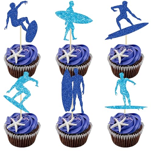 Ephlyn 24Pcs Surfing Cupcake Toppers Blue Glitter Surfboard Sport Cupcake Picks Surfs Up Ride the Waves Cake Toppers for Surf Theme Baby Shower Kids Birthday Party Cake Decor Supplies