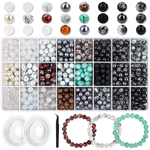 840pcs 8mm Glass Beads for Jewelry Making, 24 Colors Glass Beads for Bracelet Making, Marble Round Loose Beads for Men Women Bracelet Earring Necklace Jewelry Making Supplies