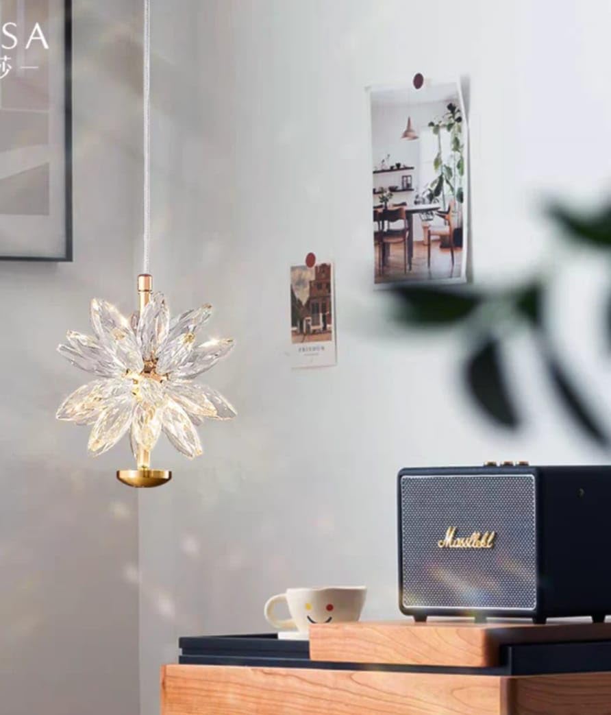 Glowave™ Modern Gold Finish Luxury Crystal Flower LED Bedside Pendant Hanging Light Ceiling Lamp Light Fixture - Trichromatic | Warm White, White, Natural White | (844-1P Flower)-image-3