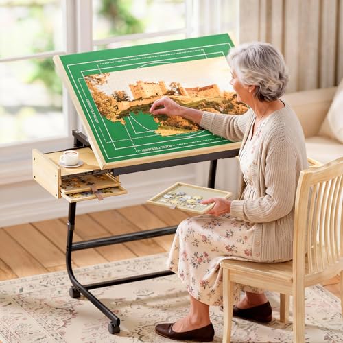 Image of Puzzle Table with Drawers for 1500 Piece Jigsaw Puzzles - Puzzle Board | Crank Handle Adjustable Tilting Puzzle Board with 2 Sliding Storage Drawer,Legs & Wheels, 6 Trays and Cover for Adults