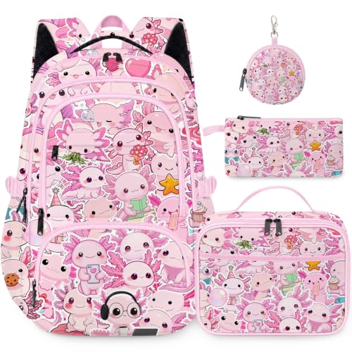 Yogusut Axolotl Backpack for Girls Kids School Backpack with Lunch Box Pencil Case and Coin Pouch School Bookbag for Teens Elementary 17in