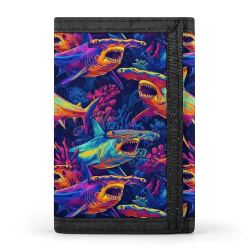Neon Hammerhead Shark Print Wallet for Men, 8 Credit Card Holder Slim Minimalist Front Pocket Small Mens Bifold Wallets