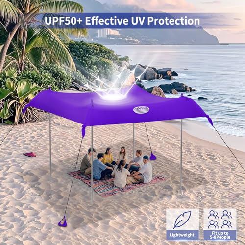Image of UMARDOO Family Beach Tent Canopy Sun Shade Portable, Large Compact Beach Sun Shelter Easy Setup with Packable Bag for Outdoor Travel (Purple, 12X12 FT. 4Poles)