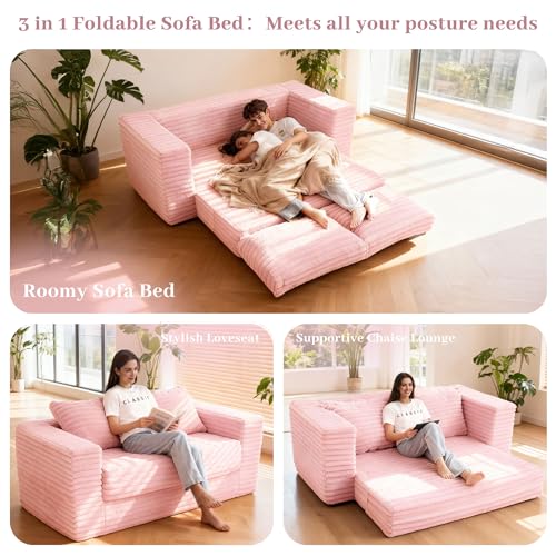 Image of HABUTWAY 62 inch Small Boneless Couch,3-in-1 Convertible Folding Sofa Bed, Corduroy Loveseat Sofa Bed w /2 Pillows for Living Room /Guest Room No Assembly Required, Light Pink