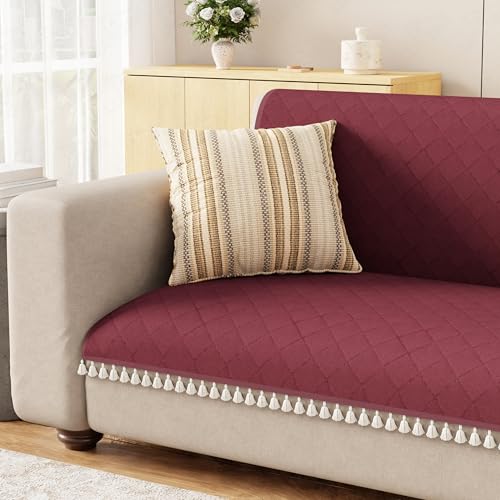 Image of Lukzer Quilted Sofa Cover Mat with Tassels for 3 Seater Sofa - Cranberry Red | Soft Washable Anti-Slip Protector for Living Room | Furniture Cover for Back-Seat Slipcover 180X150CM / SC-194-3T