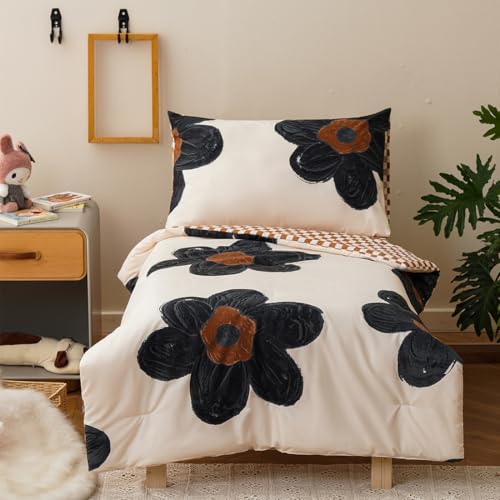 Image of CLOTHKNOW 4Pieces Sunflower Toddler Bedding Sets for Girls Kids Comforter | Botanical Comforter Sets, Black Floral Bedding Sets, Soft Crib Bed Sets, All Season