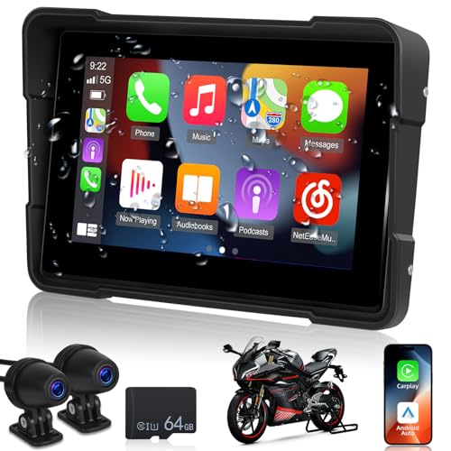 NHOPEEW Pantalla portátil Carplay para moto - CarPlay y Android Auto inalámbricos para moto - GPS Moto Navegador con pantalla táctil de 5 pulgadas - Impermeable IP67 FM EQ Mirror Link + Cámaras duales