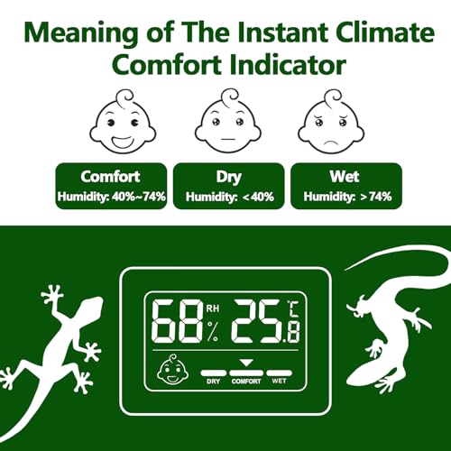 Image of Reptile Thermometer Hygrometer with Climate Comfort Indicator, Fast Accurate LCD Digital Temperature & Humidity Monitor for Terrarium, Bearded Dragon, Gecko, Snake Tank